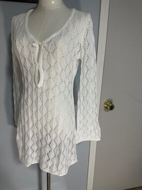White Open Knit Tie-Front Tunic Sweater